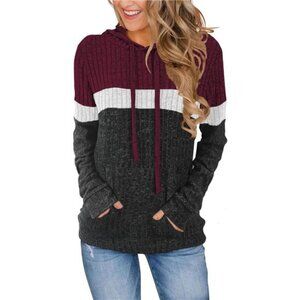 Women’s Cozy Textured Sweater Hoodie Fashion Trendy Pullover Wine Red & Grey